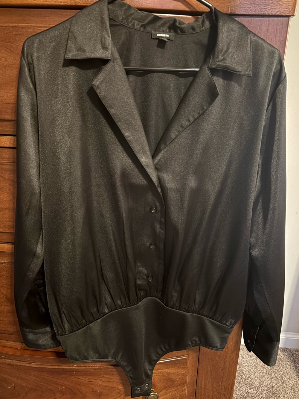 Express Black Satin Button-Front Bodysuit Shirt NWT